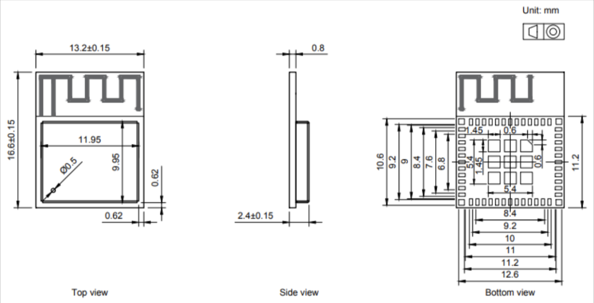Kích thước module: 13,2 × 16,6 × 2,4 mm (top, side, bottom view)