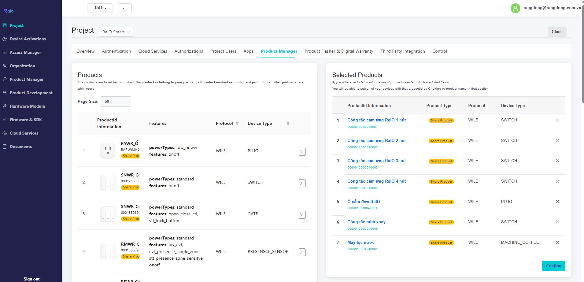 Admin portal RaIO: quản lý sản phẩm, thiết bị và dự án của khách hàng
